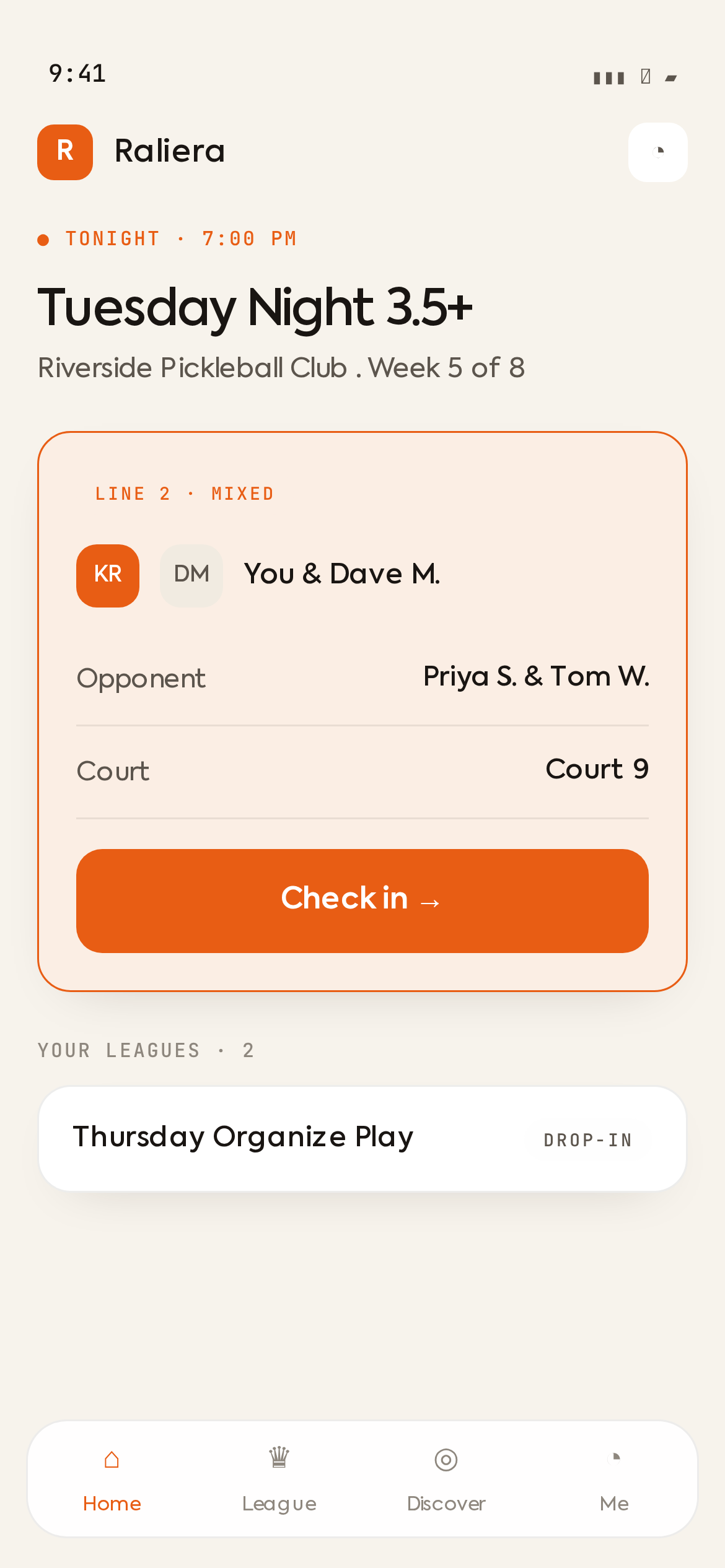 The Raliera player app on league night: tonight's match, court and check-in
