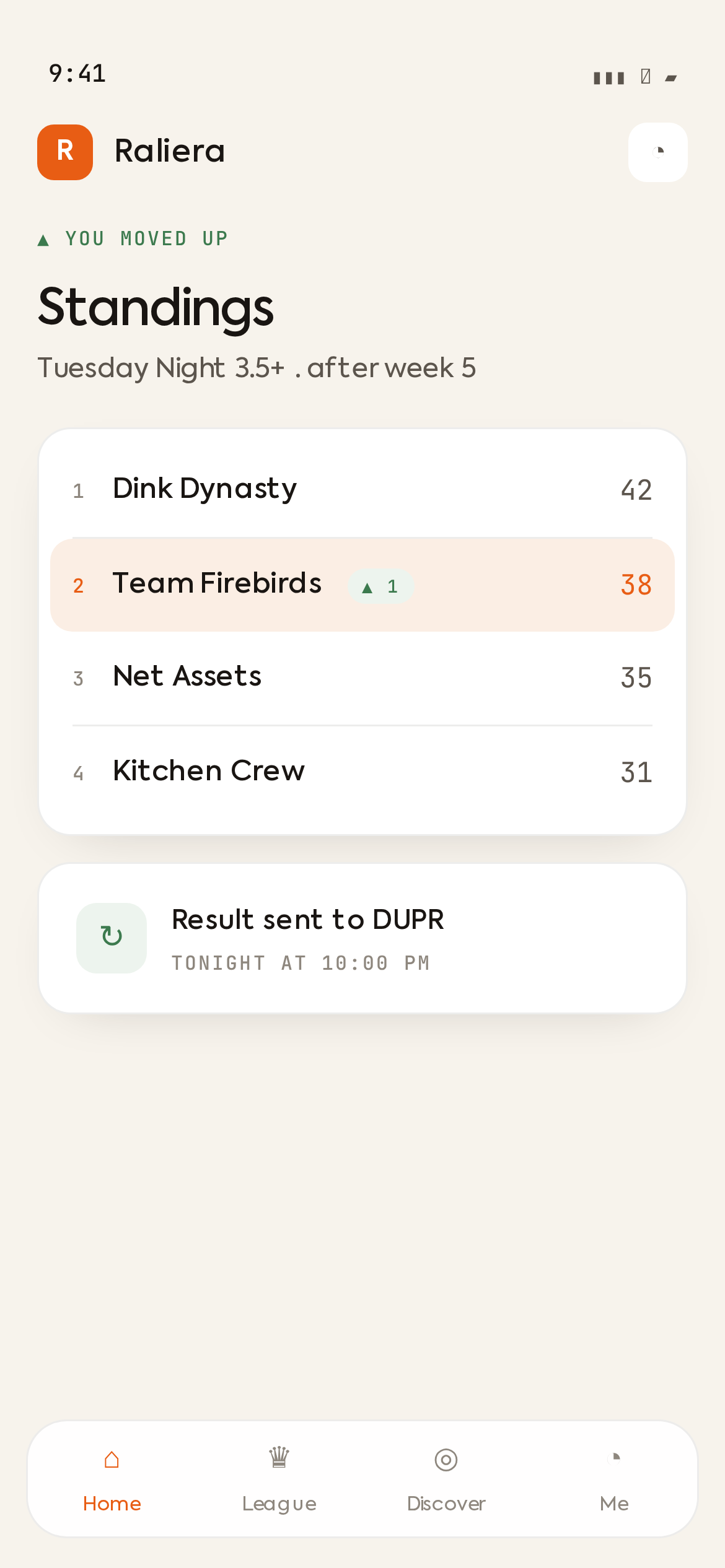 Live league standings on a phone